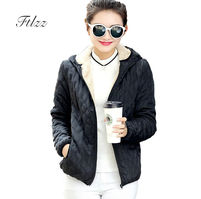 

2018 New Women Black Padded Jacket Autumn Winter Slim Hooded Faux Wool Liner Short Coat Female Warm Outerwear Parkas Mujer