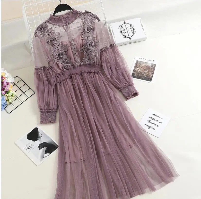 

2018 Summer Long Lantern Sleeve Stand Collar Mesh Dresses Women Vintage Princess Embroidery Mesh Lace Dresses Sweet Mesh Dress