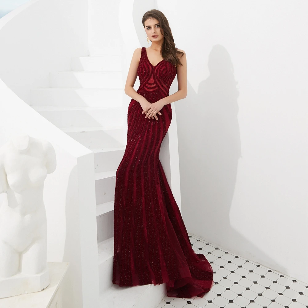 Plus Size Evening Dresses 2019 Beading Sequined Lace Wine Red Mermaid Long Prom Gowns Walk Beside You Occasion Dresses for Women