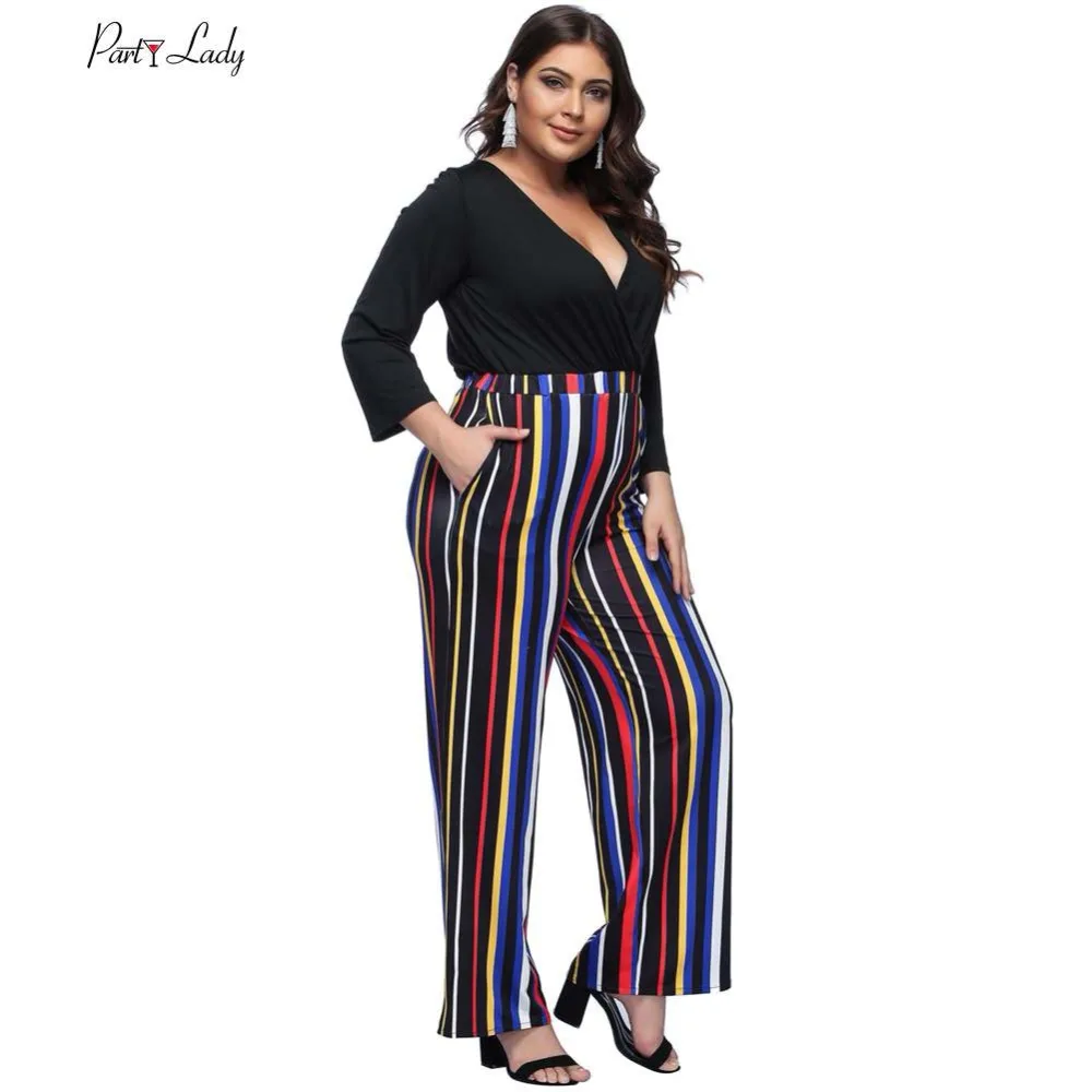 Party Lady  New Jumpsuits For Women 2018 Rompers Womens Combination Femme Sexy Loose Striped Full Length  Loose Jumpsuits -D