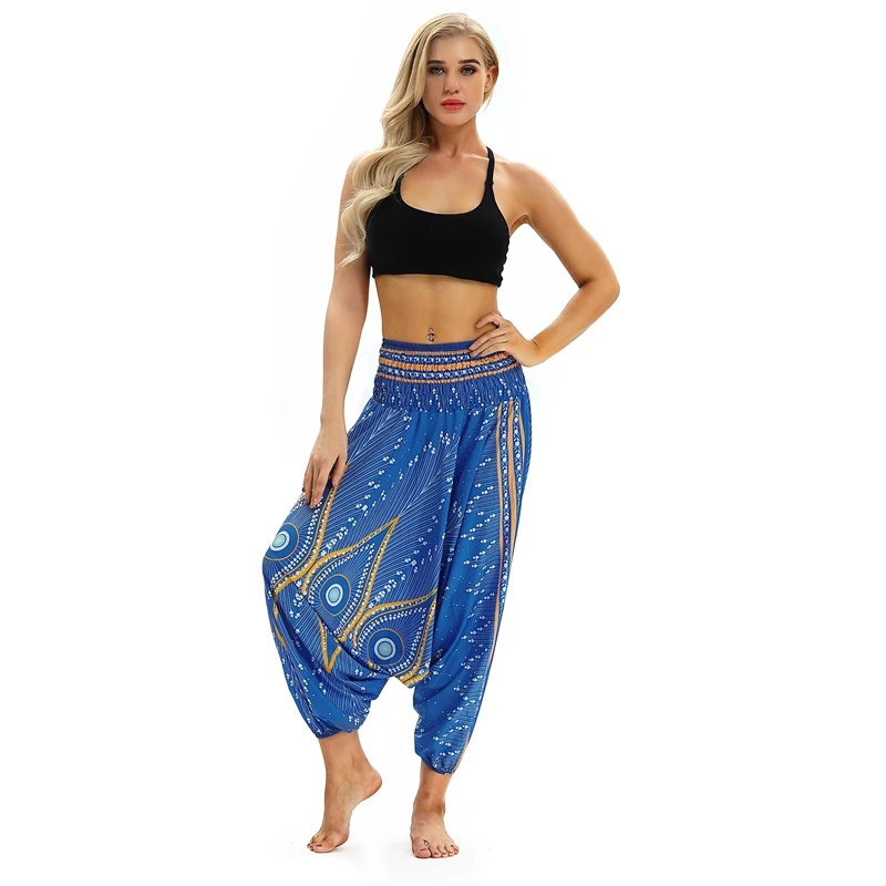 

EU Size Blue Peacock Feathers Workout Bloomers Womens Pants Lounge Pant Boho Summer High Waist Lantern Loose Wide Leg Pants