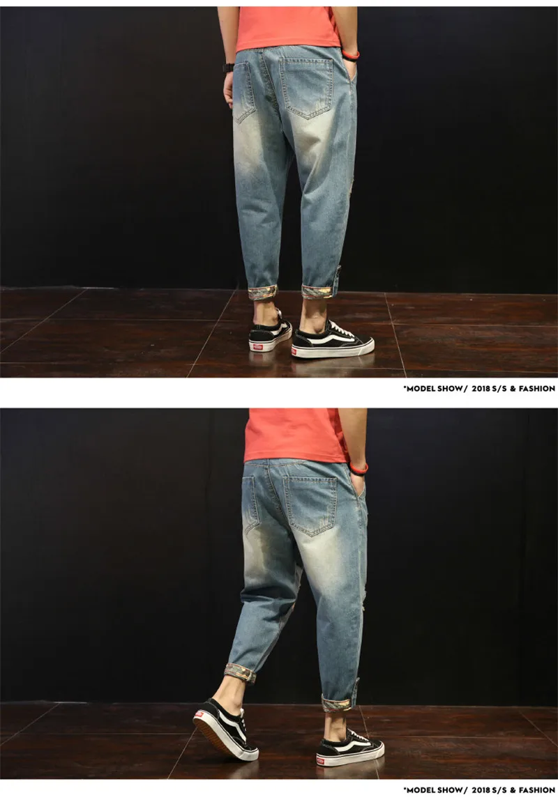Fashion Patchwork Ripped Men\'s Jeans Boys Loose Casual Holes Ankle-Length Harem Pants Jeans Trousers Large Size (7)