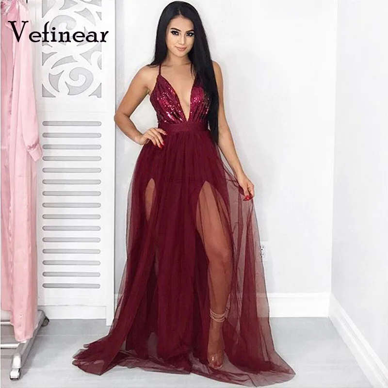 

Vefinear Party Maxi Dress Sling Evening Deep V-neck Backless Shine Sequins Patchwork Sexy Elegant Strap Dresses Vestidos