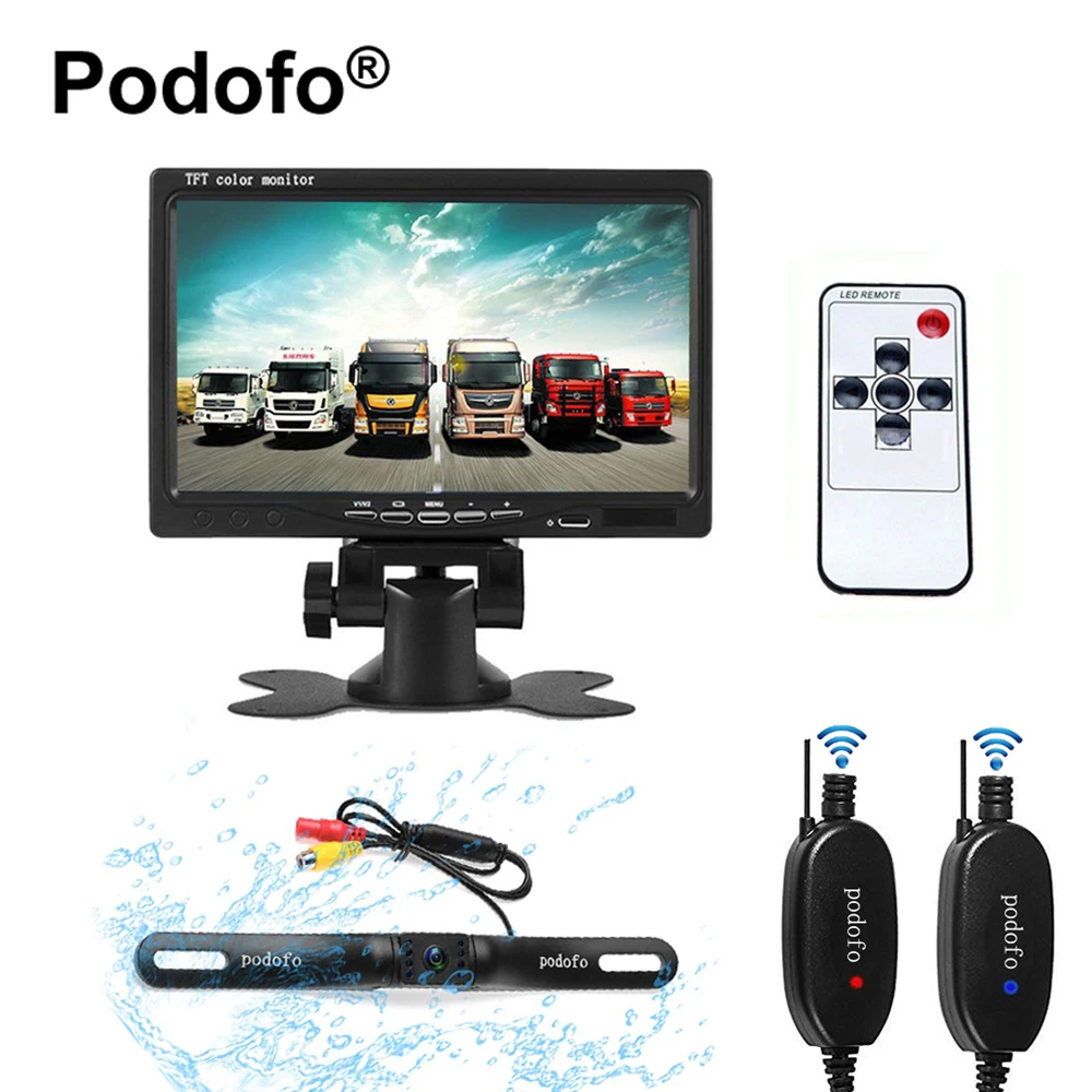 

Podofo Wireless Rear View Camera System 7" TFT Monitor with Night Vision Waterproof License Plate Camera Kit for RV Truck Bus