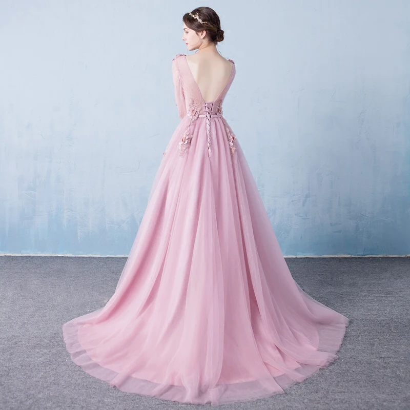Evening Dress Long Sleeve 2019 A line Flowers V Neck Pink Lace Flowers Tulle Prom Dresses Lace Up Robe De Soiree Longue Dentelle