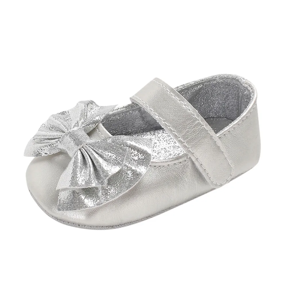 Новинка; модная обувь для новорожденных девочек; мягкая нескользящая обувь с бантиком; Прямая - Цвет: Silver