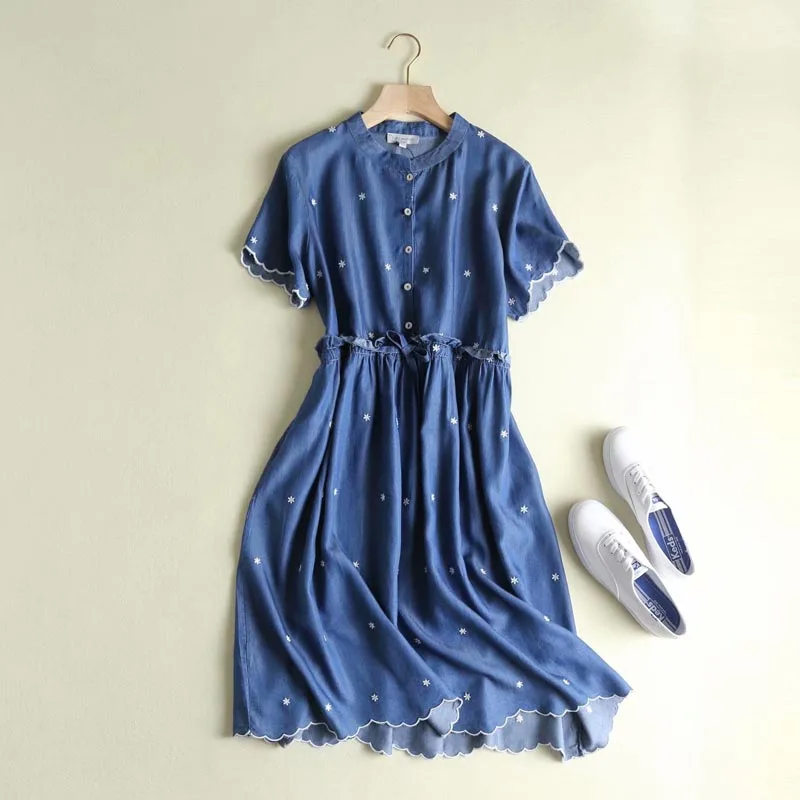 

QZ338 European Design Short Sleeve Elastic Waist Drawstring Embroidery Tencel Dress Women Retro Soft Denim Vestidos