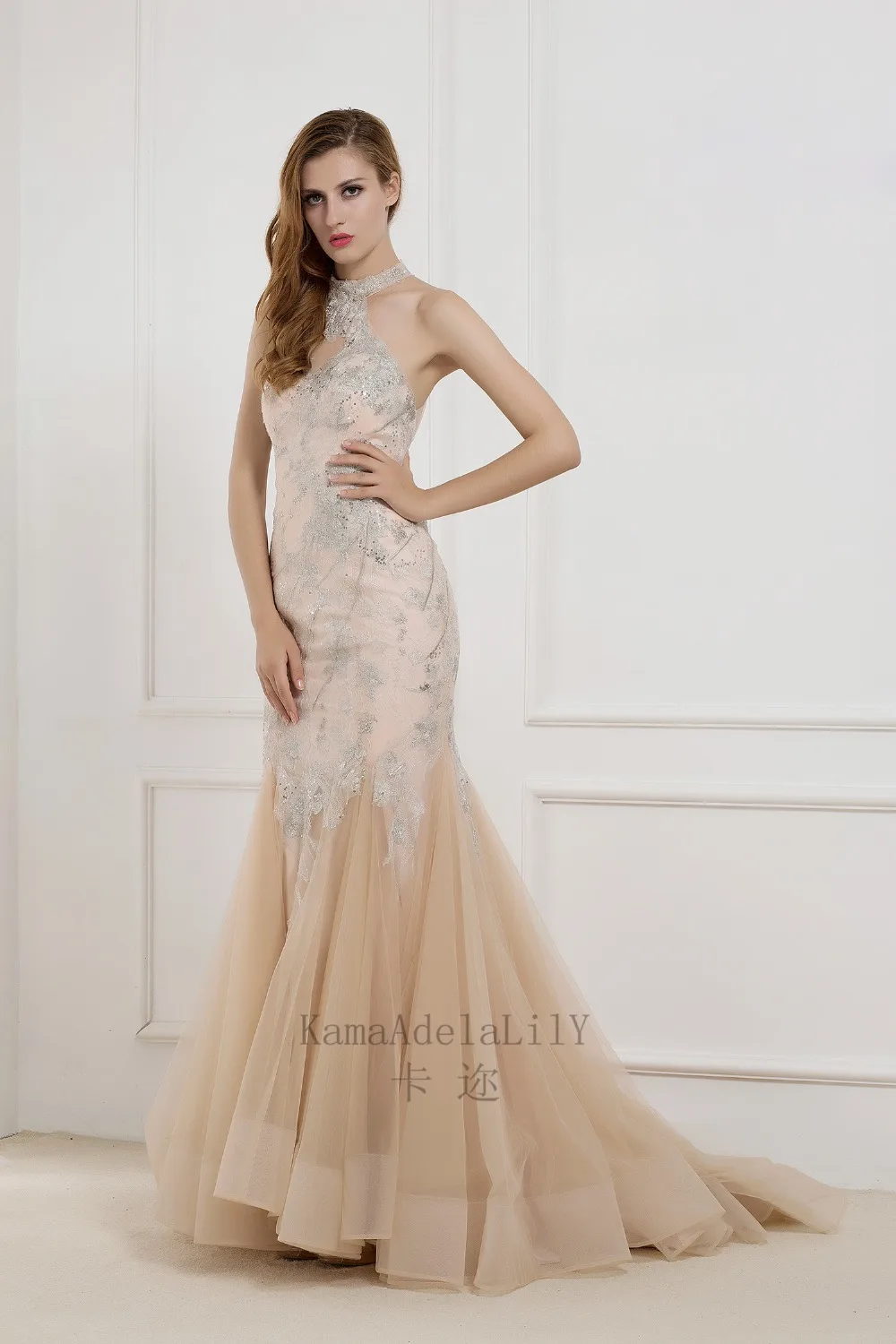 EB2619 Skin color with silver lace tulle wedding dress | Женская одежда