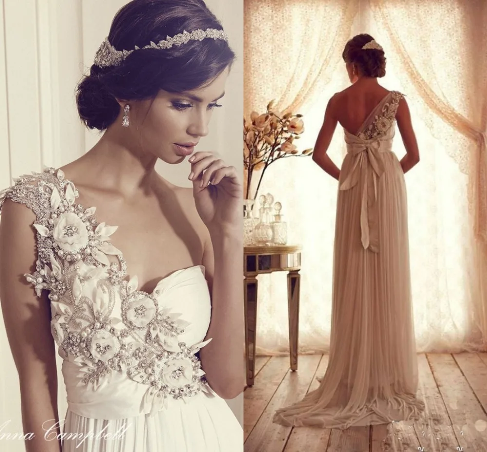 One Shoulder Vintage Wedding Dress 2015 Beaded Pearls font b Flowers b font font b Bridal