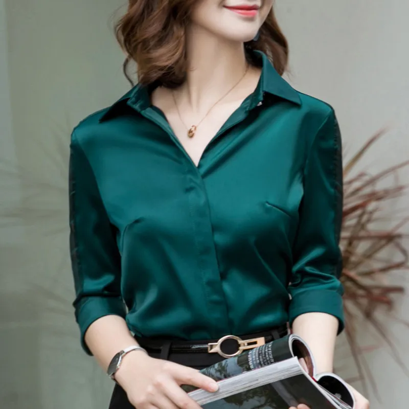 Fashion women Satin shirt Summer new half sleeve casual loose blouses office ladies plus size work wear tops - Цвет: Green