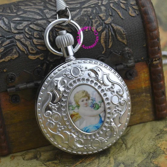 

wholesale price top good quality new gift man retro vintage classic silver copper brass case Cupid mechanical pocket watch hour