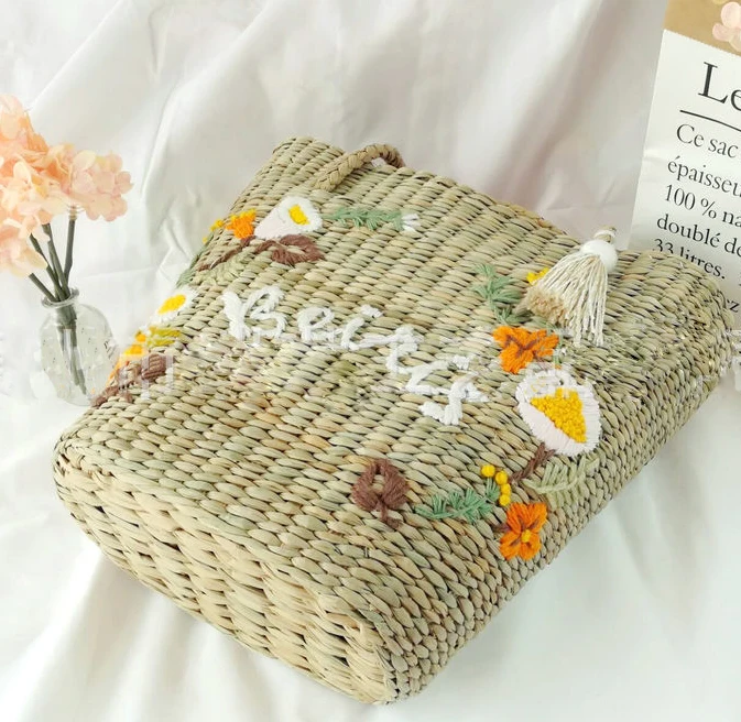 

Letter Embroidery Flower Beach Vacation Straw Bag Tote Hand Bag Can Be Customized Name