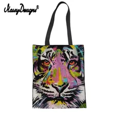 Экологичная Холщовая Сумка для покупок, Повседневная многоразовая сумка через плечо, женская сумка с принтом тигра, Льва, Льняная сумка-тоут
