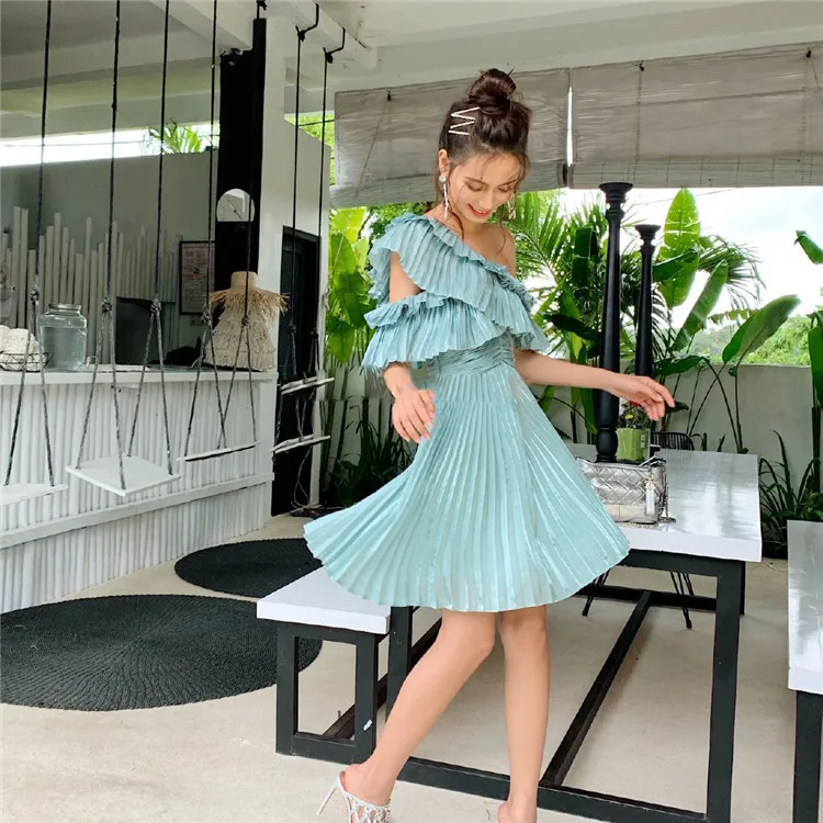 

New mint green inclined shoulder backless accept waist pleated falbala G0394 dress