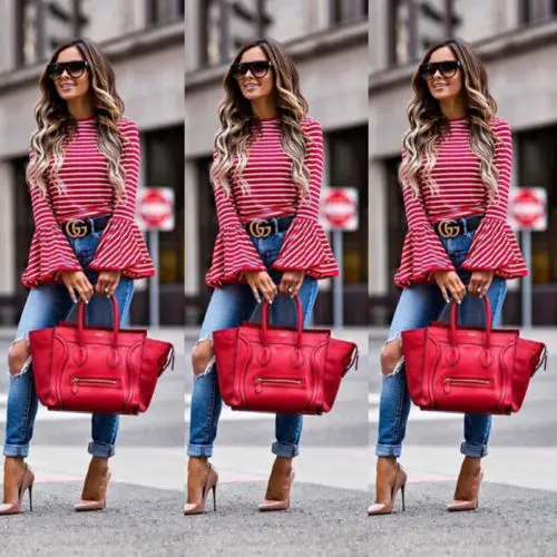 

2017 Hot Women Long Sleeve Striped Casual Loose Flare Sleeve Tops T-Shirt