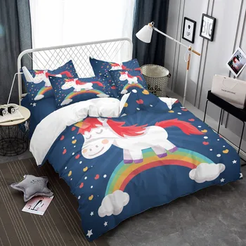 

Blue Unicorn Cute Bedding Set Cartoon Duvet Cover Colorful Rainbow Print Kids Bed Cover Pillowcase Bedclothes Home Decor D25
