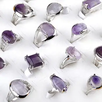 

10Pcs Wholesale Lots Unisex Purple color Natural Stone Silver Plated Rings 16-20mm Mix size Geometric Heart Shape Charm Jewelry