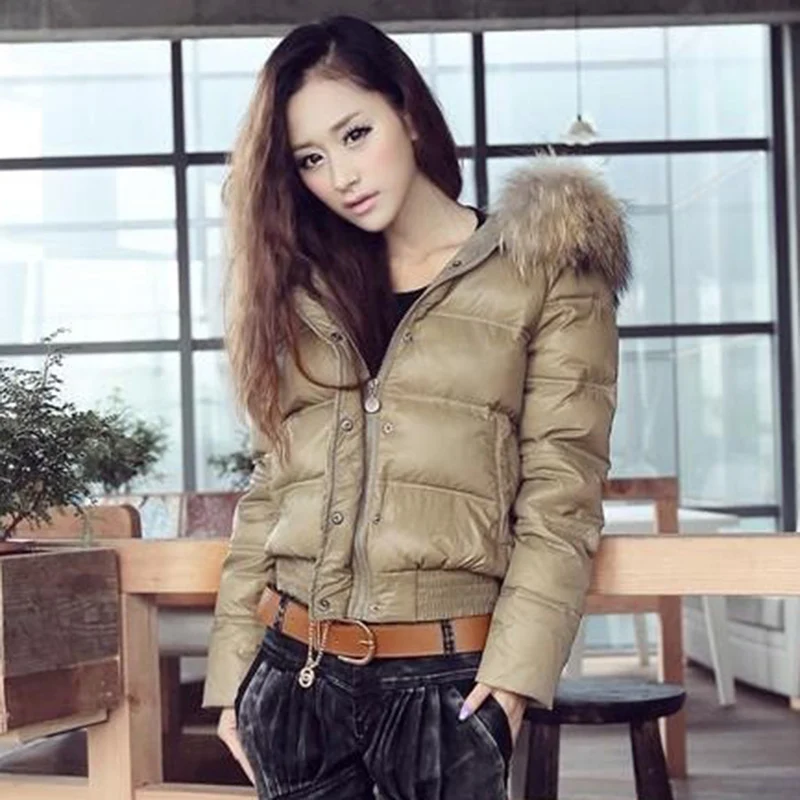 discounted  2018 Winter Down Jacket Fashion Raccoon Fur Hood Warm Jacket Short Coat Long Sleeve Black Red Jacke