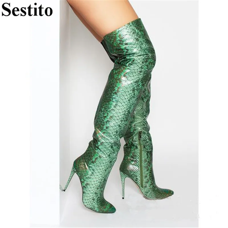 

Sexy Green Snake Pattern Long Pointed Toe Woman Boots Thin Heels Over-the-Knee Boots For Women Zip Casual Winter Women's Shoes