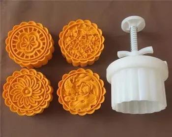

150g Chinese round shape flower design Mooncake mung bean cake Molds mould with 4 Stamps plastic hand pressure , 50sets/lot