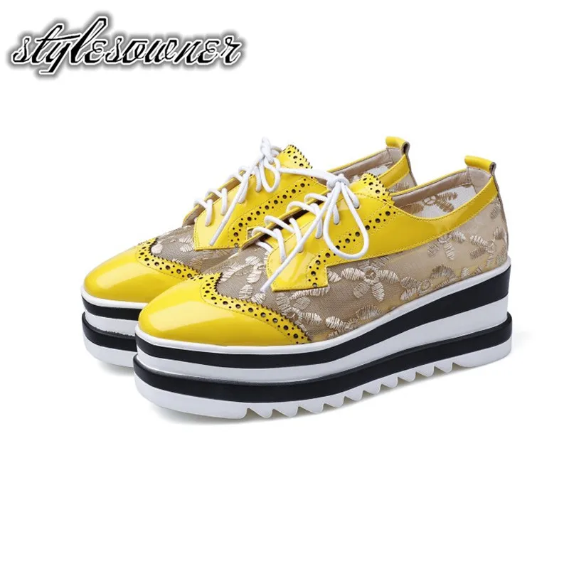 

Stylesowner Top Selling Good Quality All-match Flat Shoes Female Patent Leather Lace-up Round Toe High Platform Spring Shoes