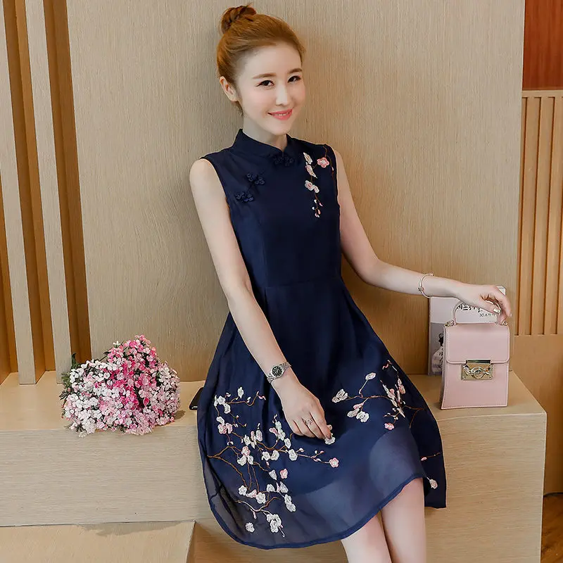 

Sleeveless Sundress Women Summer Retro Short Dresses Woman Cheongsam Collar Embroidery Vintage Dress Elegant Party Dresses C5193