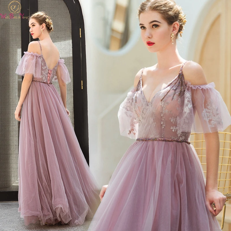 

2019 Light Purple Prom Dresses Sexy V Neck Spaghetti Straps Lace Up Evening Gowns Elegant Sheer Off Shoulder vestidos de gala