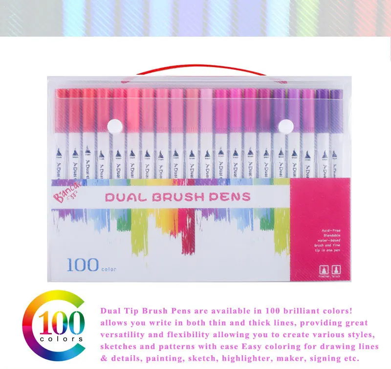 Dual Tip Brush Pens 100 Water Based Fineliner Drawing Painting Watercolor Brushpen School Supplies Art Marker Pens