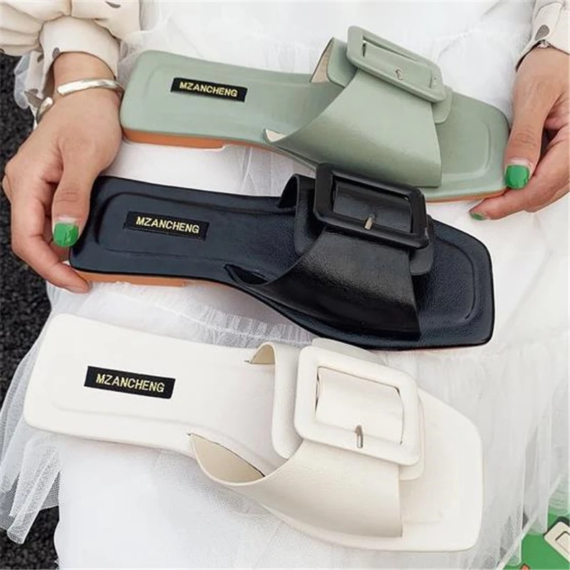 

Fashion Party Slippers Women Summer Shoes Black White Buckle Chunky Heel Ladies Slides Female Sandals Shoes Green slippers 39