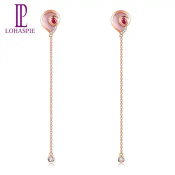 

LP 100% Solid 18K Rose Gold Natural Ruby Pink Mother Shell Diamond Earrings for Women July Birthday Valentine's Gift