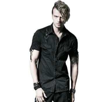 

Black Cotton Punk Male Rope-tieing Shirt Gothic Casual Short Sleeve Shirts Mens Visual Kei Tops New Turn-down Collar Blouses