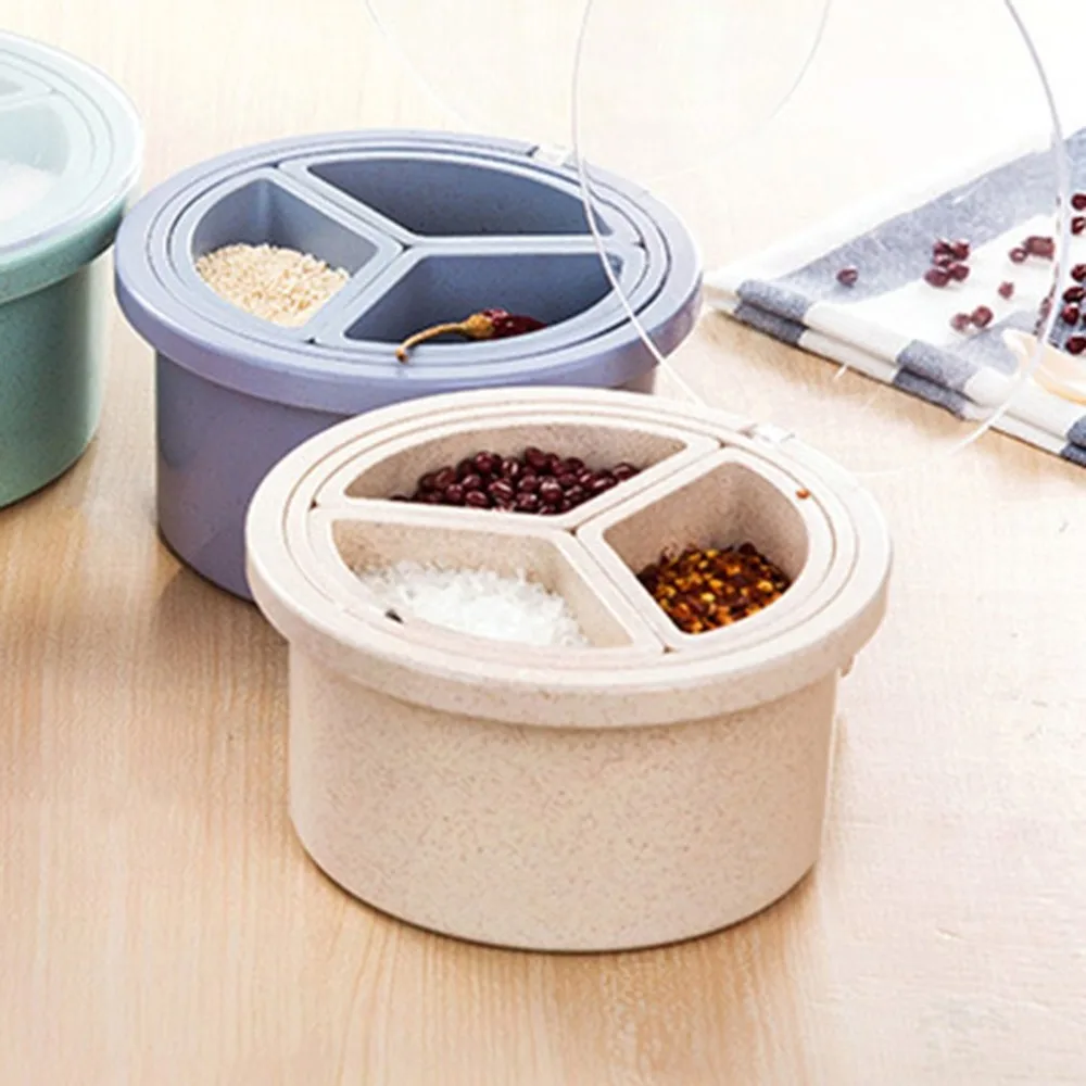 

3 Grid Kitchen Round Spice Container Box Multi-Grain Seasoning Box Wheat Straw+PP Condiment Box Kitchen Herb Storage Box Tools