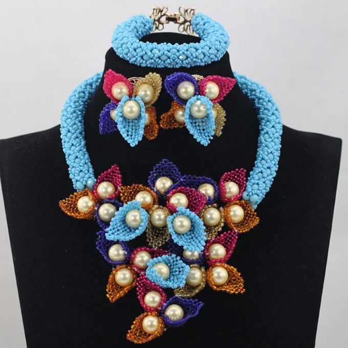 African Sky Blue Crystal Beads Add Many Flowers Necklace Sets Nigerian Costume Indian Bridal Jewelry Free Shipping ANJ016 | Украшения и