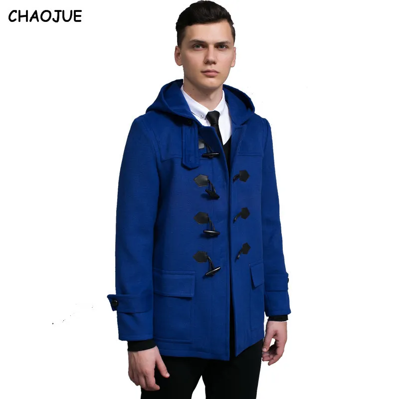 

CHAOJUE XXXL Male design mens duffle coat 2018 spring nice hooded horn button woolen jacket for men blue loden coat gifts