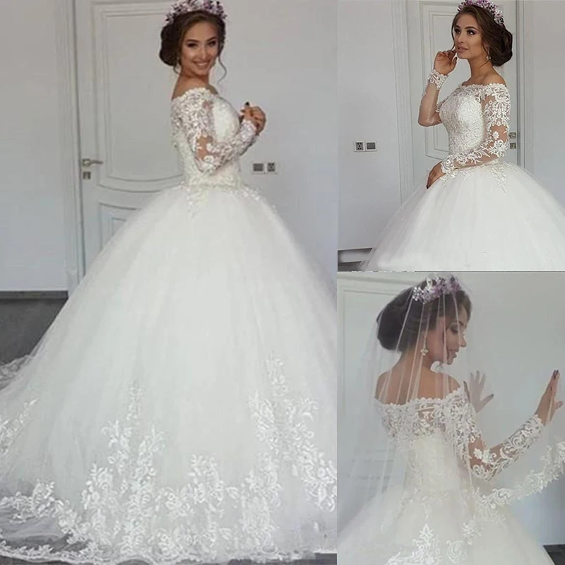 Robe De mariée Свадебные платья бальное платье с открытыми плечами длинным рукавом свадебное платье с кружево аппликация плюс размеры Свадебное