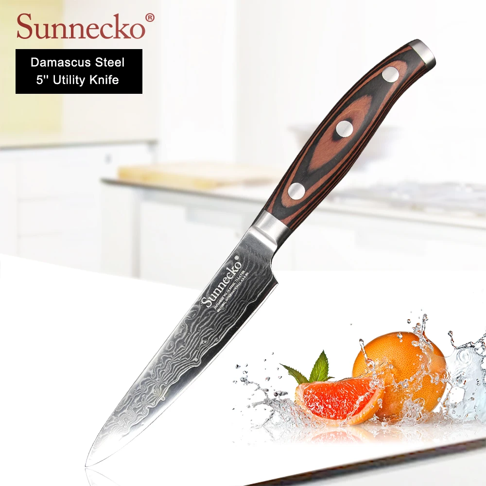 

SUNNECKO Premium 5" Utility Knife Damascus Japanese VG10 Steel Sharp Blade Multipurpose Cutting Kitchen Knives Pakka Wood Handle
