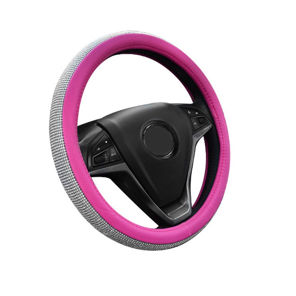 

Car Steering Wheel Covers Crystal Pink PU Leather Bling Shinny 38cm Practical