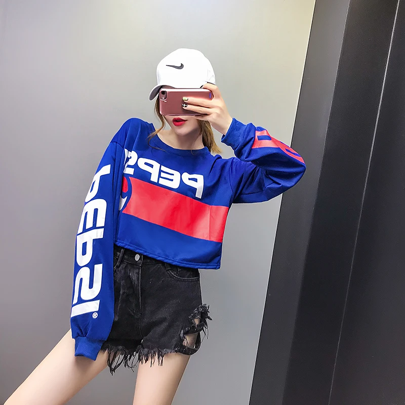 Ulzzang корейский хип-хоп Топ с длинным рукавом Для женщин кофты осень японский Стиль Укороченный свитшот Топы Для женщин Tumblr