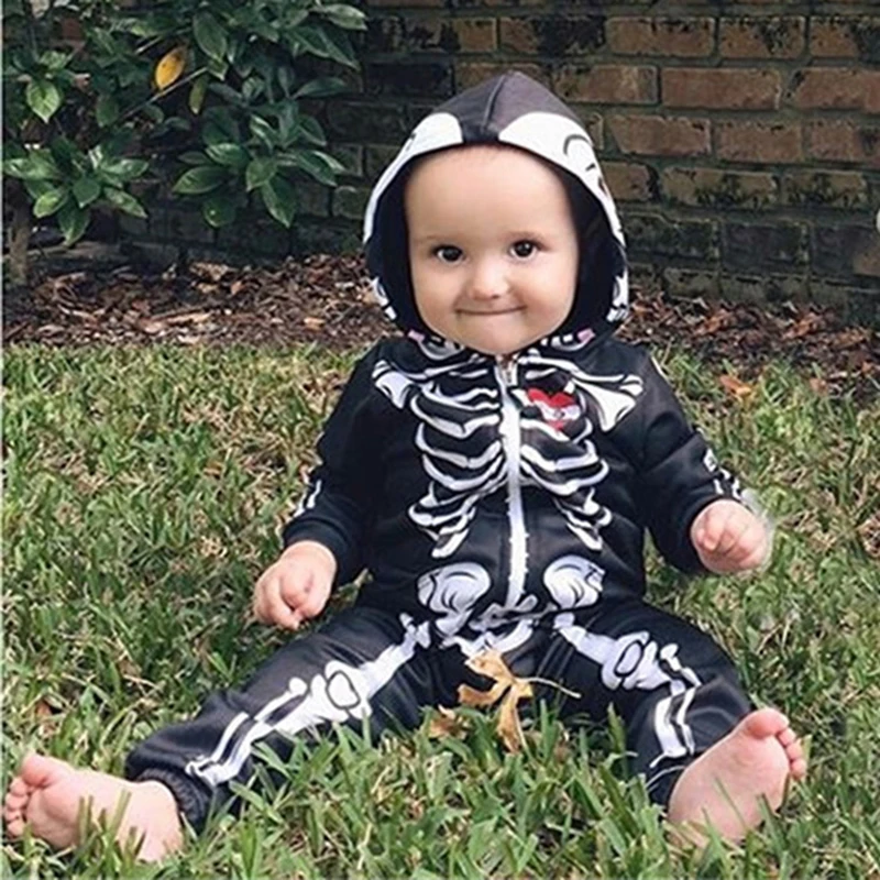 Bebé niños Halloween ropa calavera impresión niños niñas mamelucos con capucha mono Bebe calavera Trick ropa cremallera trajes Bebé niños Halloween ropa calavera impresión niños niñas mamelucos con capucha mono Bebe calavera Trick ropa cremallera trajes