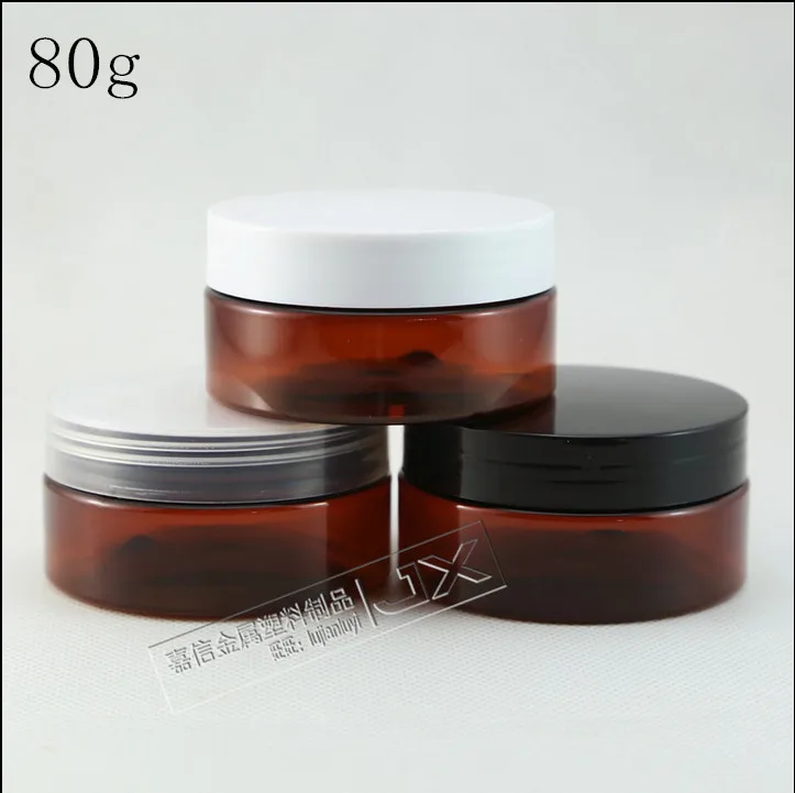 

Free Shipping 80g/ml Brown Plastic Flat Bottle Jar White Black lid Butter Pomade Bath Salt Pill Small Sample Packing Bottles