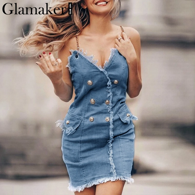 Glamaker Denim v neck strap summer bodycon dress Women buttons sexy holiday beach dress Ladies short party elegant jeans dress Glamaker Denim v neck strap summer bodycon dress Women buttons sexy holiday beach dress Ladies short party elegant jeans dress