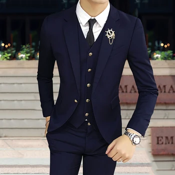

Pants + jacket + vest men's suits casual suits small suit fashion Korean solid color youth jacket