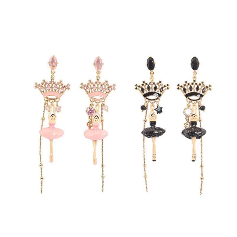 

Warmhome Trendy Jewelry Enamel Glaze Copper Fashion Cartoon Ballet Dancer Crystal Crown For Women Stud Earrings