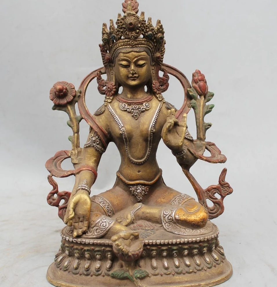 

9" Tibet Buddhism Bronze Seat Green Tara enlightenment Goddess Mahayana Statue
