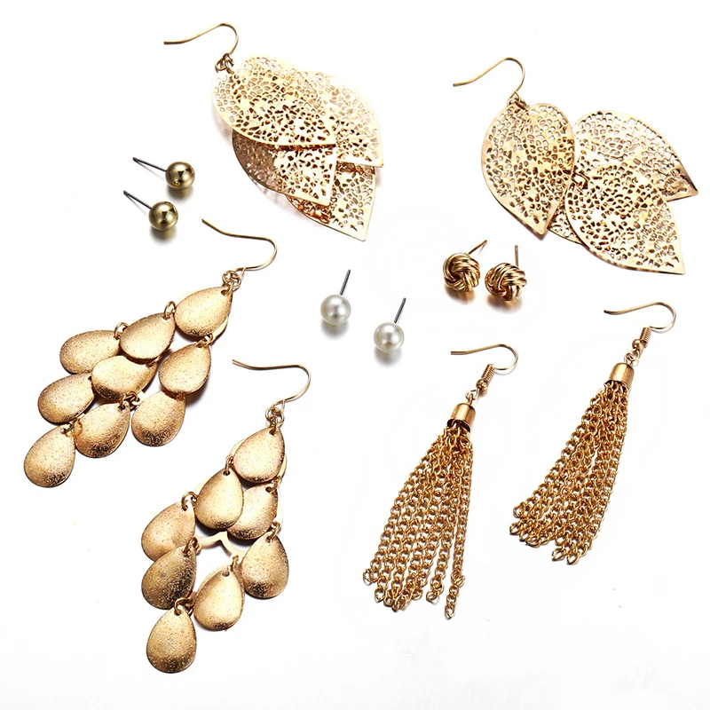 

6 Pairs/lot Earrings for Women Gold Color Pearl Leaf Chain Statement Earring 2018 Metal Earrings Hanging Fashion Jewelry VE049