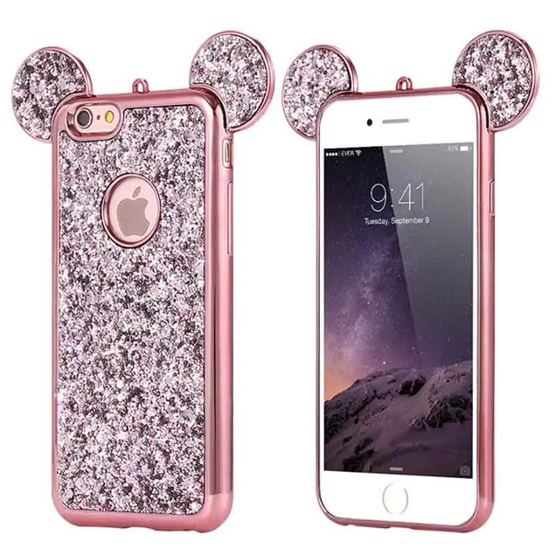 

Bling Paillettes Case For iPhone 6 6s 7 Plus 5s SE X XR XS MAX Glitter Sequins Mouse Ear Soft TPU Back Cover
