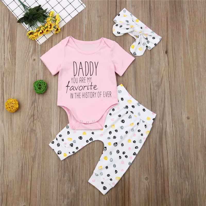 

Summer infant baby girl clothes cotton letters printed Bodysuit+ pants + headband toddler 3pcs outfit newborn baby girl clothing