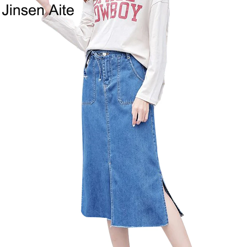 

Jinsen Aite Plus Size 5XL New Spring Summer Denim Skirt Sashes With Pockets Casual Fashion Office Lady Large Size Skirts JS116