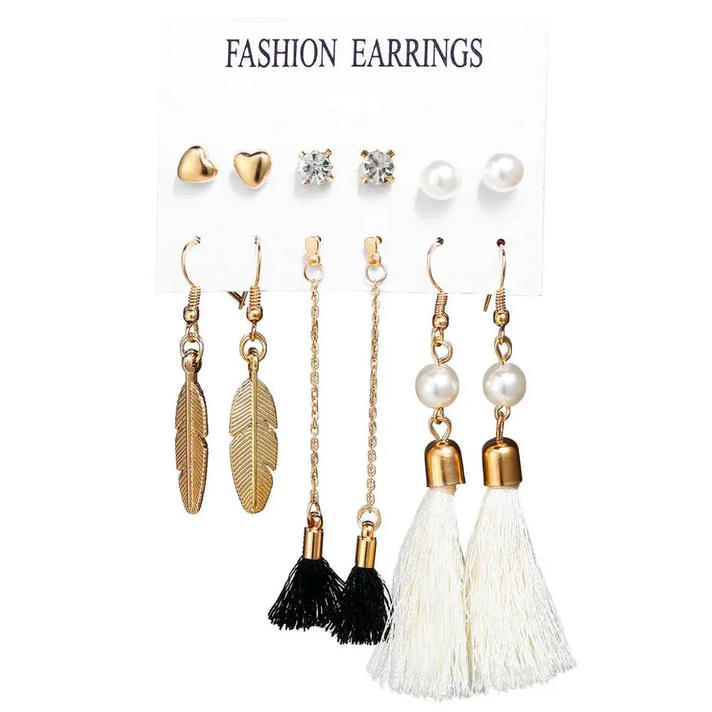 

6 Pairs/a lot Trendy Long Chain Tassel Earrings for Women Summer Jewelry Metal Pearl cz Crystal pendientes Woman's Earring 2019