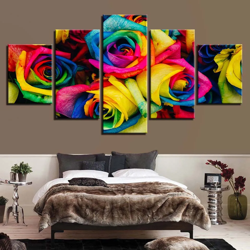 

Canvas Painting HD Prints Home Decor 5 Pieces Wall Art Rainbow Rose Flower Modular Bedside Background Pictures Artwork Poster